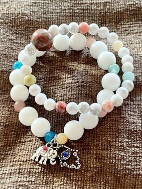 Colorful Beaded Stretch Bracelet Set, Matte White Jade